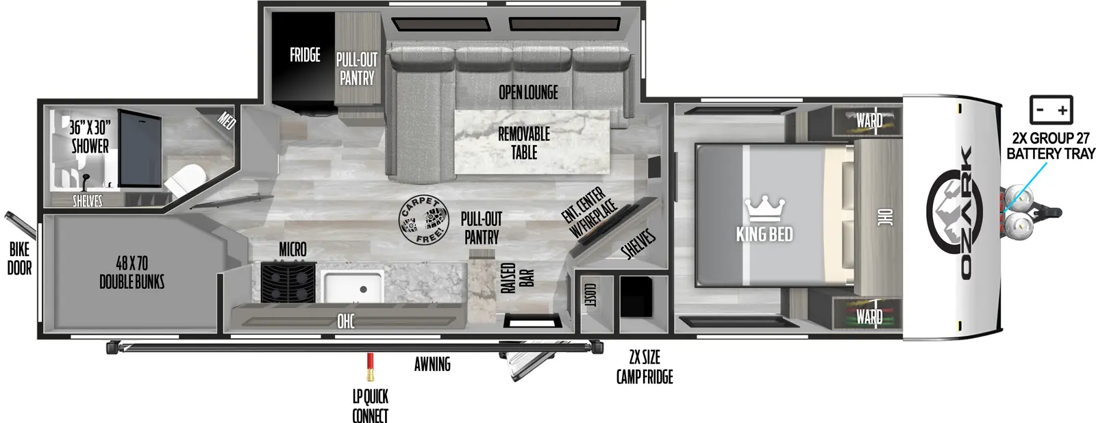 The 2690BHK has one slideout and one entry. Exterior features front 2x group 27 battery tray, 2x size camp refrigerator, awning, LP wick connect, and rear bike door. Interior layout front to back: foot-facing king bed with overhead cabinet and wardrobes on each side; angled entertainment center with fireplace below and shelves behind along inner wall; off-door side slideout with open lounge with removeable table, pull-out pantry, and refrigerator; door-side closet, entry, raised bar with pull-out pantry, kitchen counter with sink, cooktop, microwave, and overhead cabinet; rear off-door side full bathroom with medicine cabinet and shelves; rear door side double bunks.